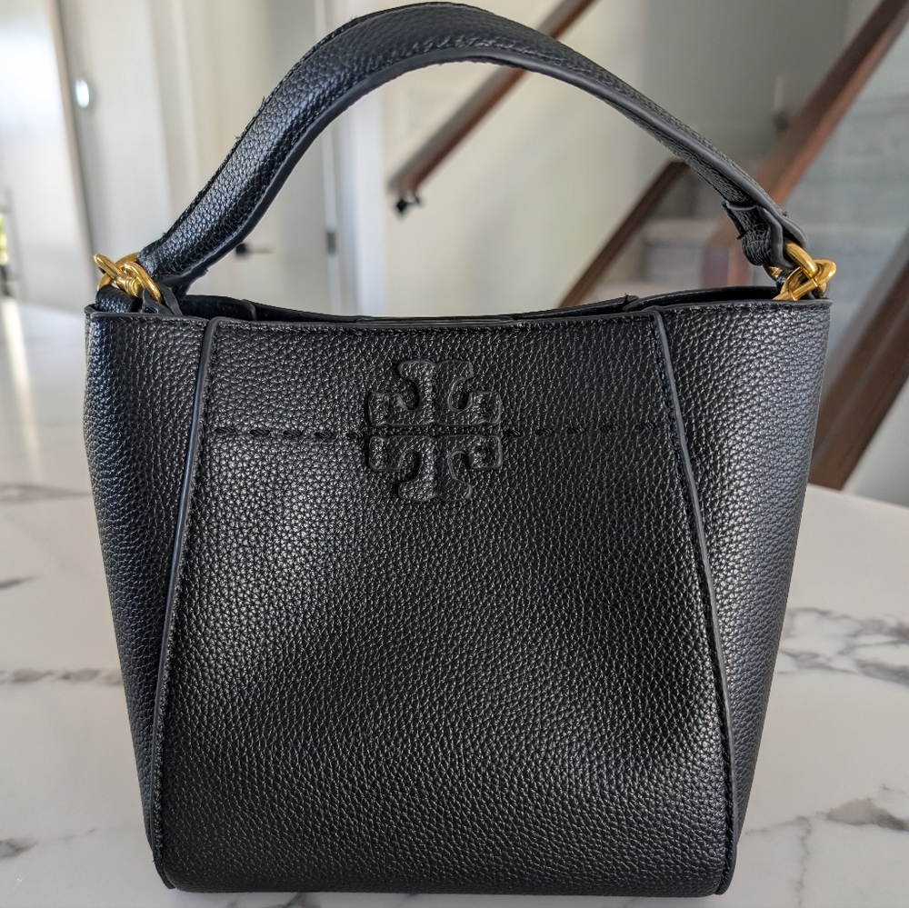 Tory Burch Black Pebbled Leather Mini Top-Handle Bucket Bag with Gold Hardware